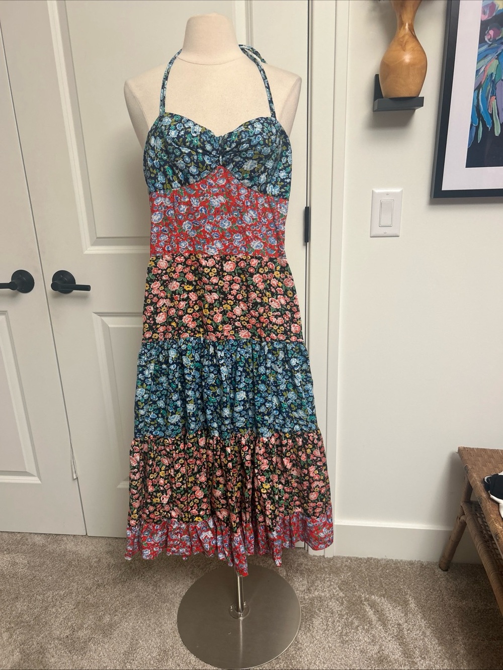 Vtg 70s Jack Hartley Miami Tiered  Prairie Floral Halter Dress Midi 34"B XS S